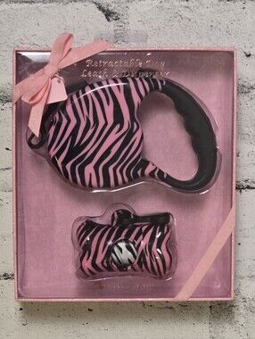 Pink Zebra Retractable Dog Leash & Waste Bag Dispenser Set
